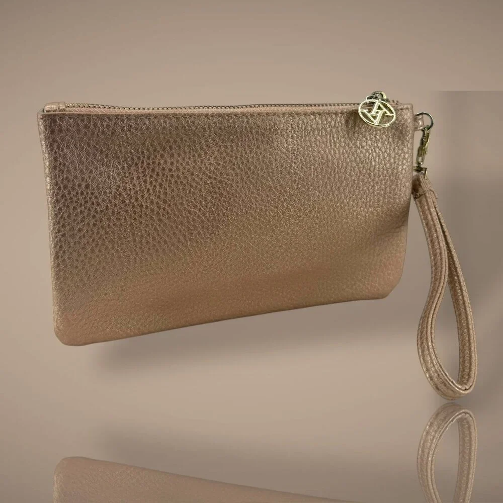 Nude Rose Gold Vegan Leather Convertible Wristlet Pouch‎